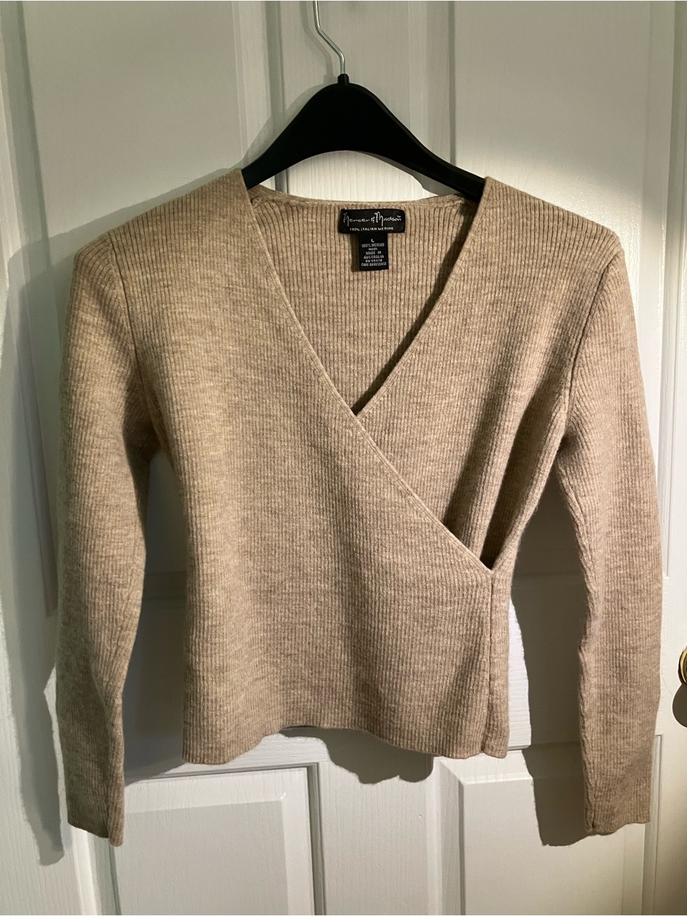 mercer & madison Beige Wrap V-Neck Ribbed Sweater